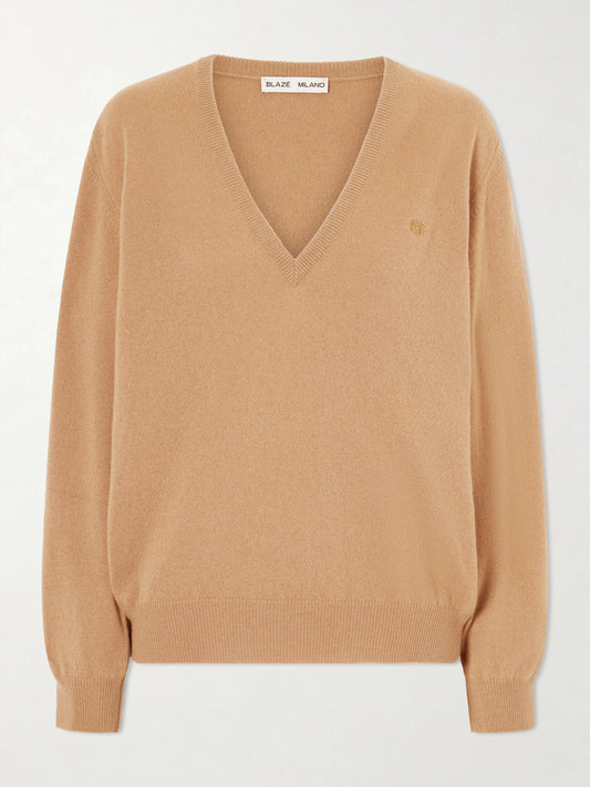 Image of a model wearing Outerwear. Product name - Highland Embroidered Wool And Cashmere-blend Sweater in Camel colour by brand - BLAZÉ Milano