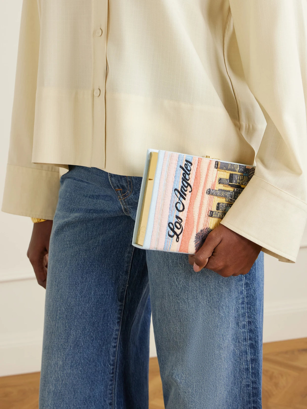 Image of Bags. Product name - Los Angeles Appliquéd Embroidered Canvas Clutch in Pink colour by brand - Olympia Le-Tan