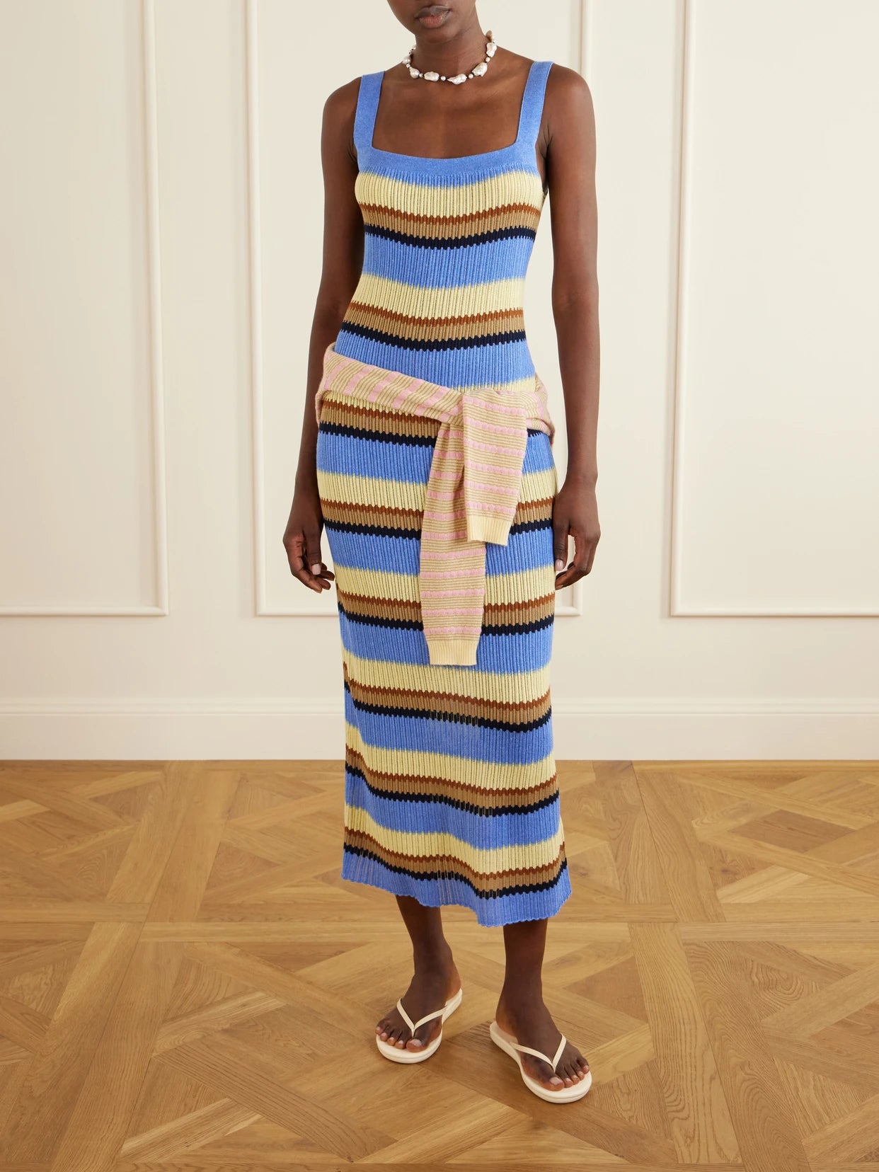 Image of Dresses. Product name - Palazzo Striped Ribbed Silk And Linen-blend Midi Dress in Blue colour by brand - Guest In Residence