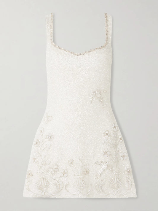 Image of Dresses. Product name - Snowdrop Embellished Beaded Stretch-tulle Mini Dress in Ivory colour by brand - Clio Peppiatt