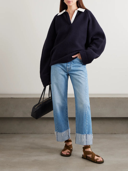Image of Jeans. Product name - The Half Pipe Ankle Cuff Fray High-rise Wide-leg Jeans in Blue colour by brand - Mother