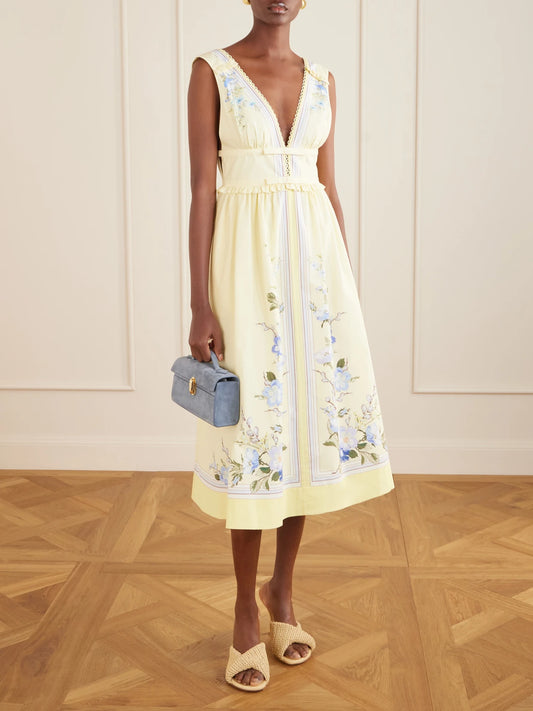 Bow-detailed Floral-print Cotton Midi Dress