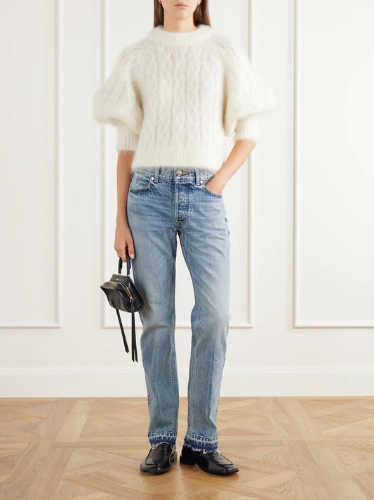 Image of a model wearing Outerwear. Product name - The Chalmers Brushed Cable-knit Mohair-blend Sweater in Ivory colour by brand - RÙADH