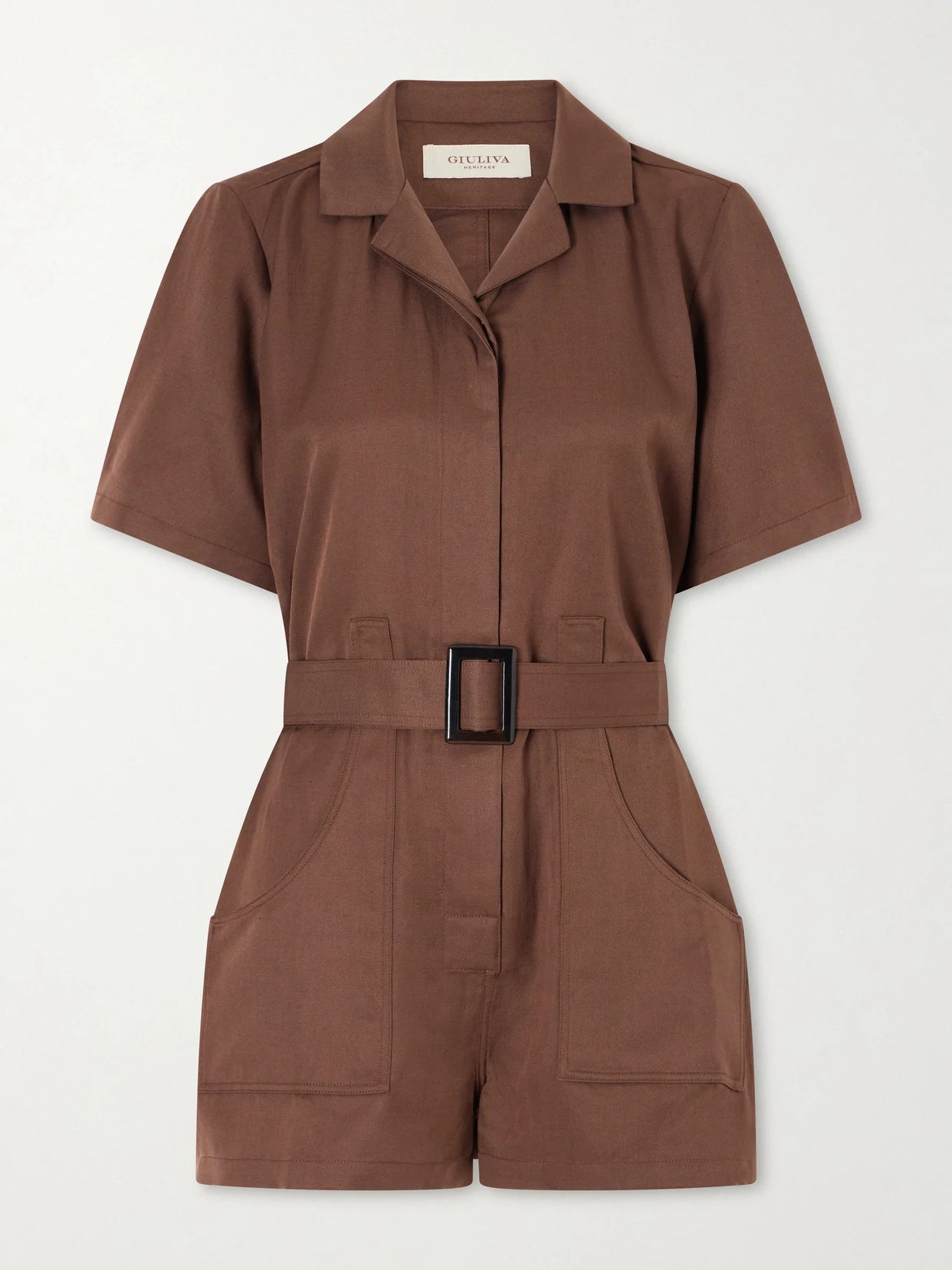 Image of Bodysuits. Product name - Sienna Belted Silk And Linen-blend Playsuit in Brown colour by brand - Giuliva Heritage