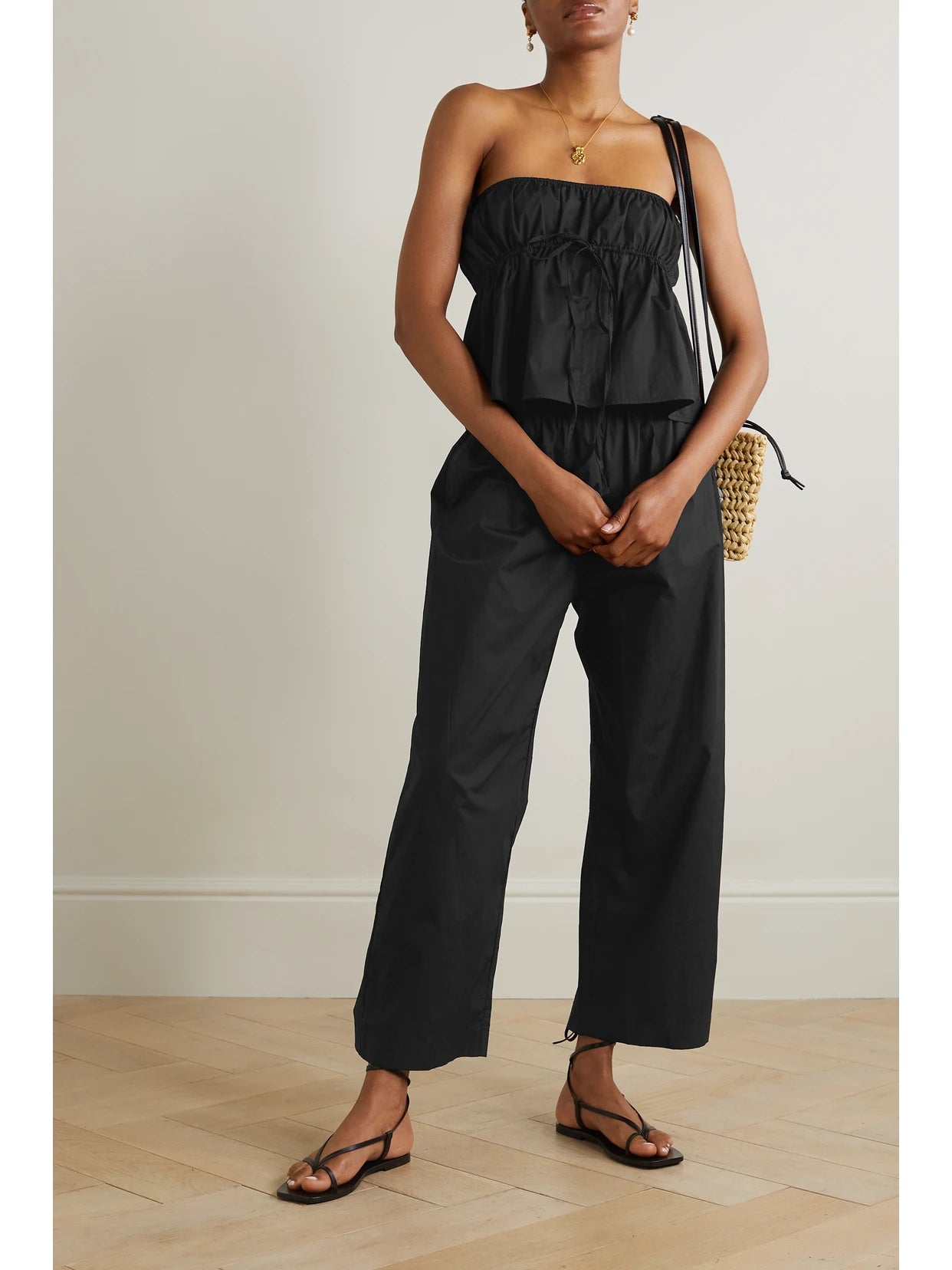 Image of Sleepwear & Loungewear. Product name - Ease Organic Cotton-poplin Pants in Black colour by brand - Deiji Studios