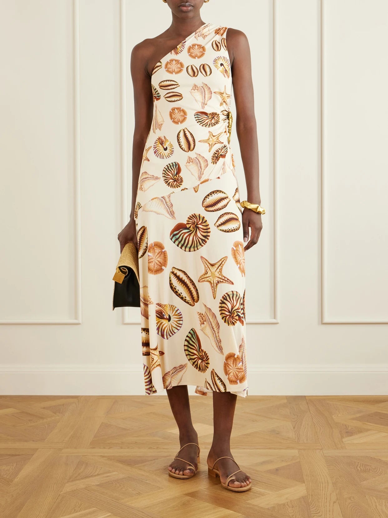 Image of Dresses. Product name - Embellished Gathered One-shoulder Printed Woven Midi Dress in Sand colour by brand - Farm Rio