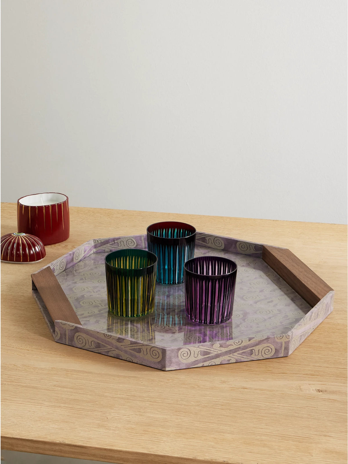 Image of Decor. Product name - Fortuny Tzin Canvas-jacquard And Wood Tray in Lilac colour by brand - L'Objet