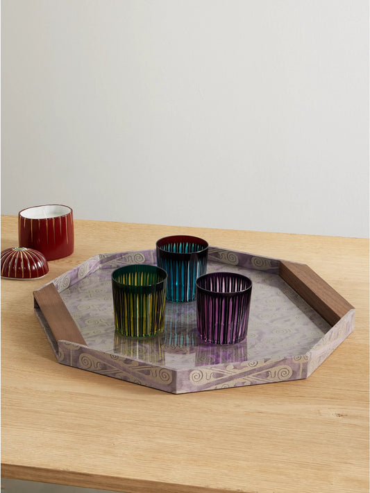 Image of Decor. Product name - Fortuny Tzin Canvas-jacquard And Wood Tray in Lilac colour by brand - L'Objet