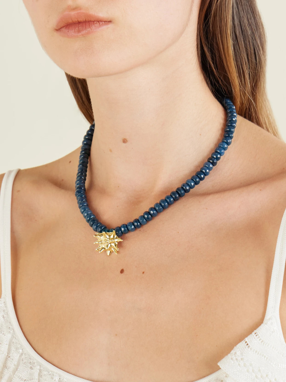 Image of Necklaces. Product name - Sea Urchin Gold-plated Jade Necklace in Navy colour by brand - YSSO