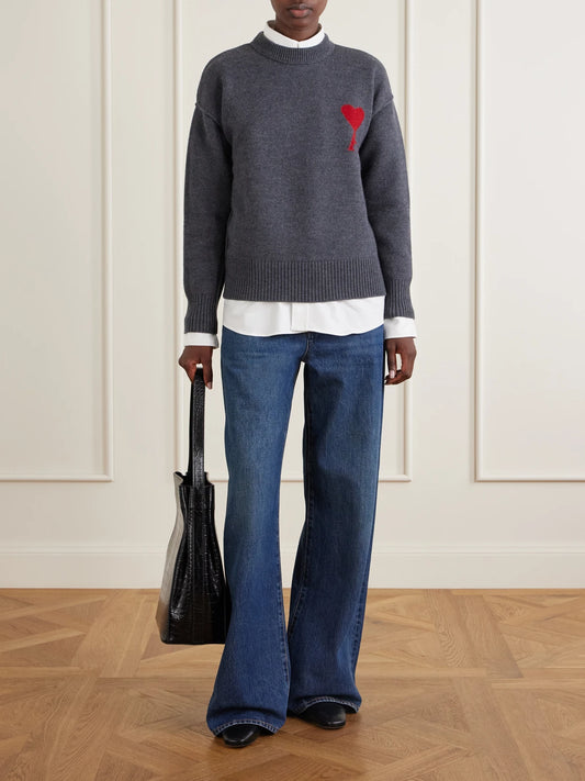 Image of a model wearing Outerwear. Product name - Adc Intarsia Wool Sweater in Dark gray colour by brand - AMI PARIS