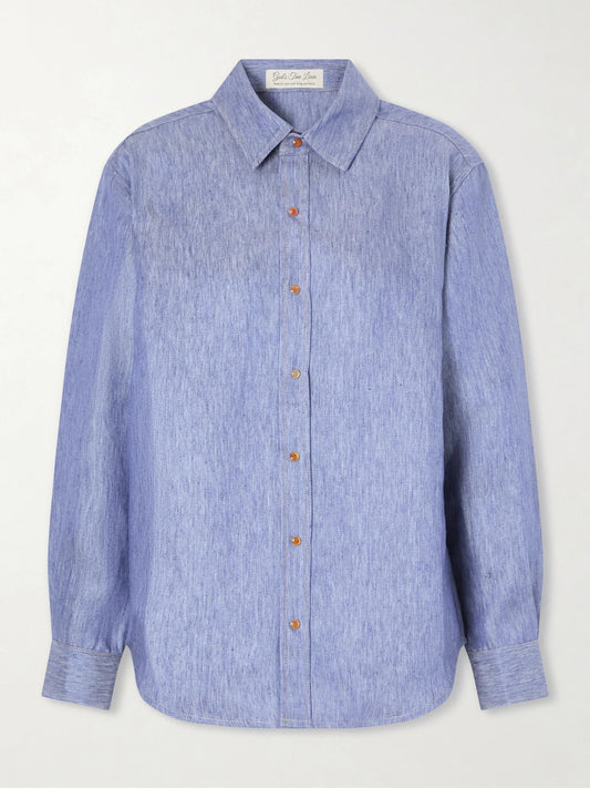 Image of a model wearing Tops. Product name - Linen-denim Shirt in Blue colour by brand - God's True Cashmere