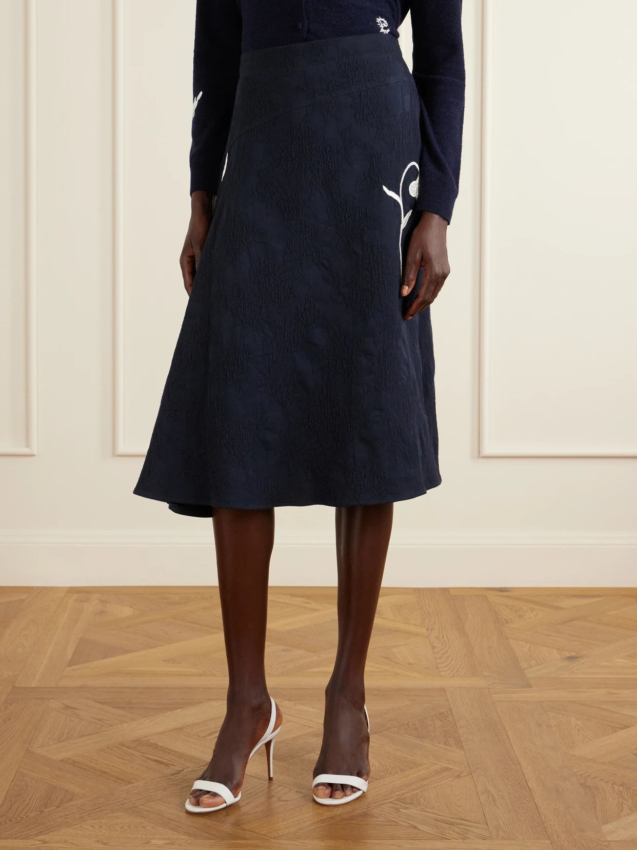 Asymmetric Floral-jacquard Cotton-blend Midi Skirt