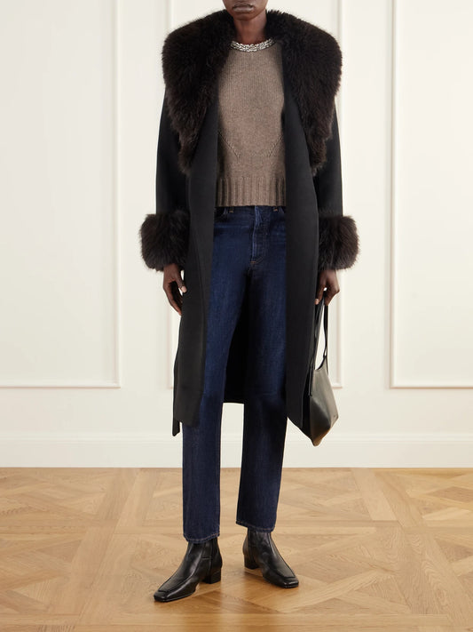 Image of a model wearing Outerwear. Product name - Monroe Crystal-embellished Wool-blend Sweater in Taupe colour by brand - SIMKHAI