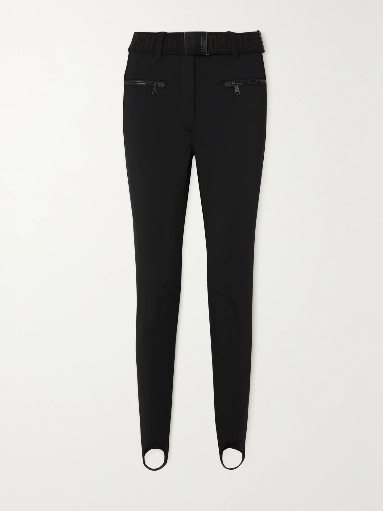 Image of a model wearing Pants. Product name - Paris Belted Stirrup Ski Pants in Black colour by brand - Goldbergh