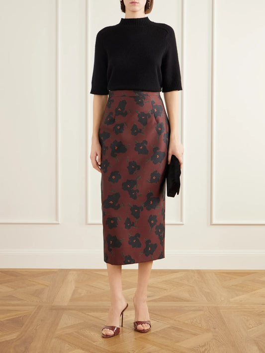 Image of a model wearing Skirts. Product name - Lorelei Floral-print Taffeta Faille Midi Skirt in Burgundy colour by brand - Emilia Wickstead