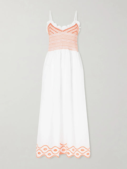 Image of Dresses. Product name - Bianca Ruffled Emrboidered Shirred Cotton-poplin Midi Dress in White colour by brand - Loretta Caponi