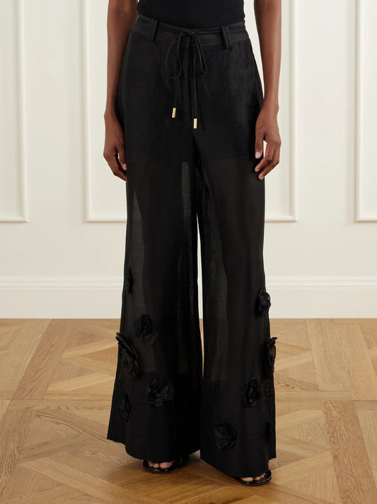 Aje Cloudscape Flower-appliqué Lyocell And Linen-blend Mid-rise Wide-leg Pants