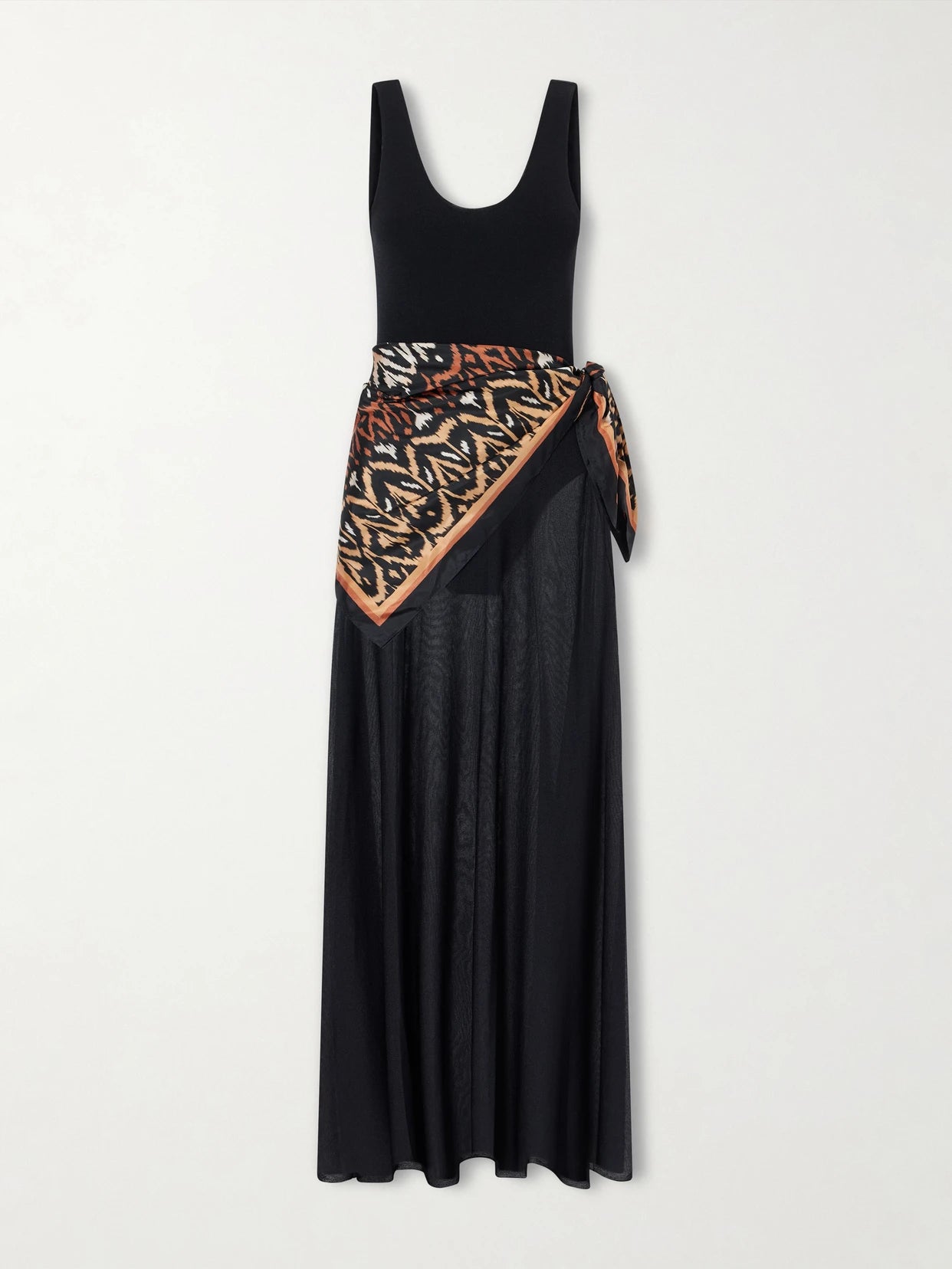 Image of Dresses. Product name - Aster Scarf-detailed Organza Maxi Dress in Black colour by brand - Zimmermann