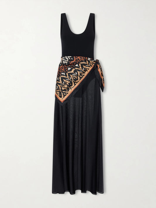 Image of Dresses. Product name - Aster Scarf-detailed Organza Maxi Dress in Black colour by brand - Zimmermann