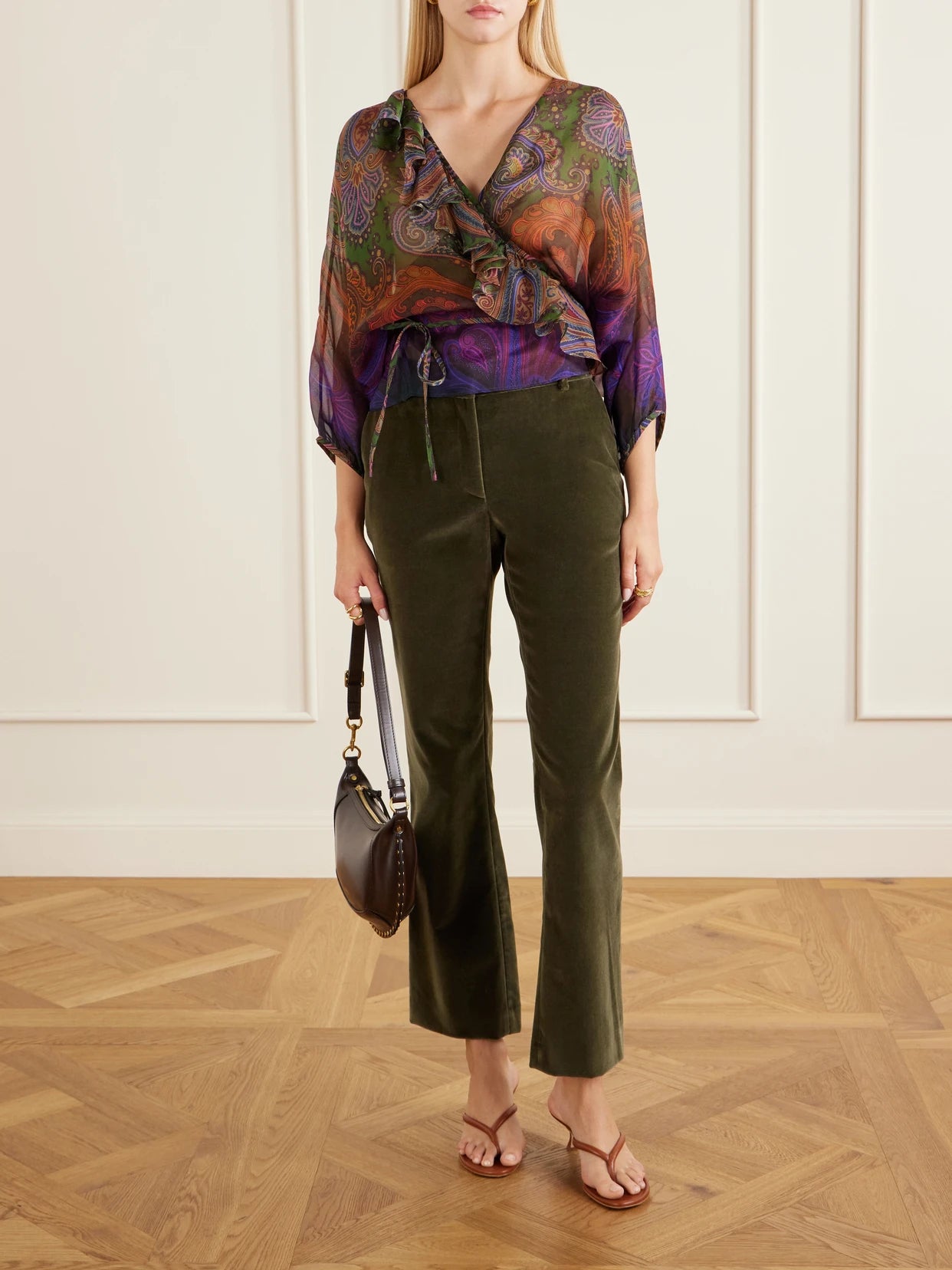 Image of a model wearing Pants. Product name - Velvet Straight-leg Pants in Army green colour by brand - La DoubleJ