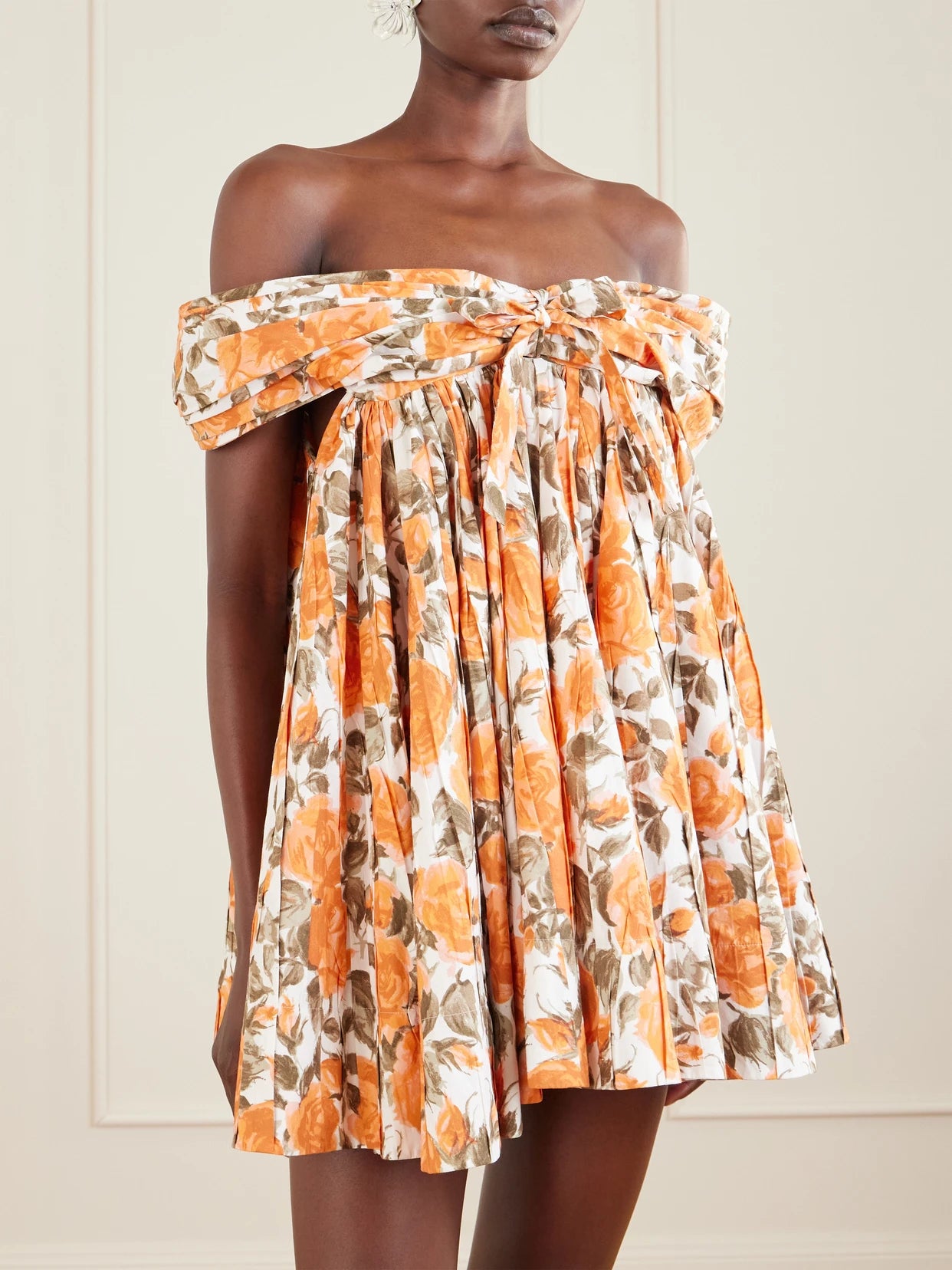 Off-the-shoulder Gathered Floral-print Cotton-poplin Mini Dress