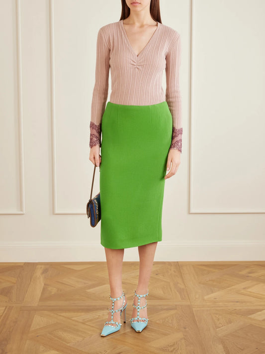 Image of a model wearing Outerwear. Product name - Lace-trimmed Ribbed Cashmere Sweater in Neutral colour by brand - Valentino Garavani