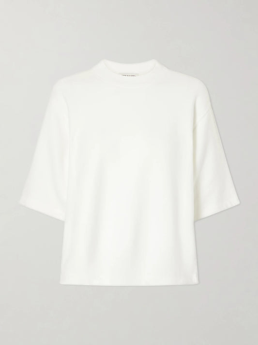 Image of a model wearing Tops. Product name - Mock-neck Cotton-jersey T-shirt in White colour by brand - TWP