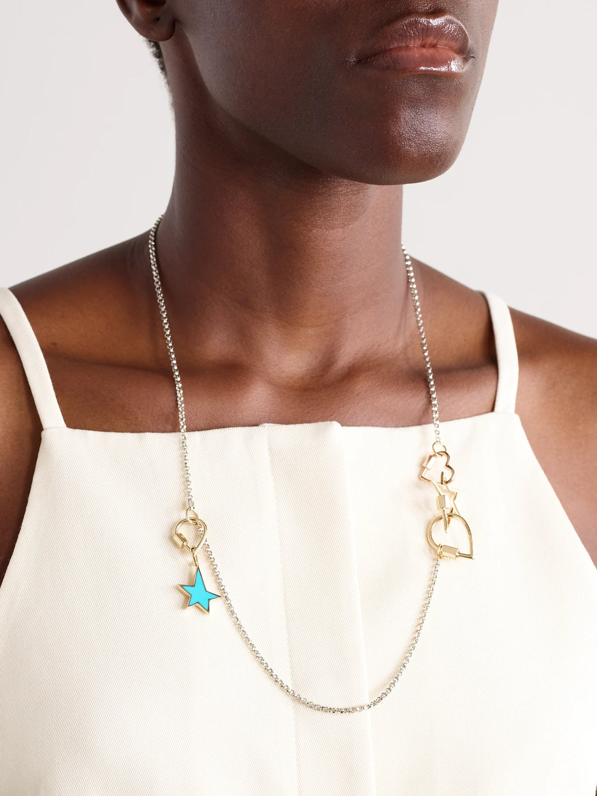 Image of Necklaces. Product name - Baby Heartlock + Starlock + Baby Droplock + 3 Loop Rolo Chain Sterling Silver, 14-karat Yellow And Rose Gold And Enamel Necklace in Multi colour by brand - Marla Aaron