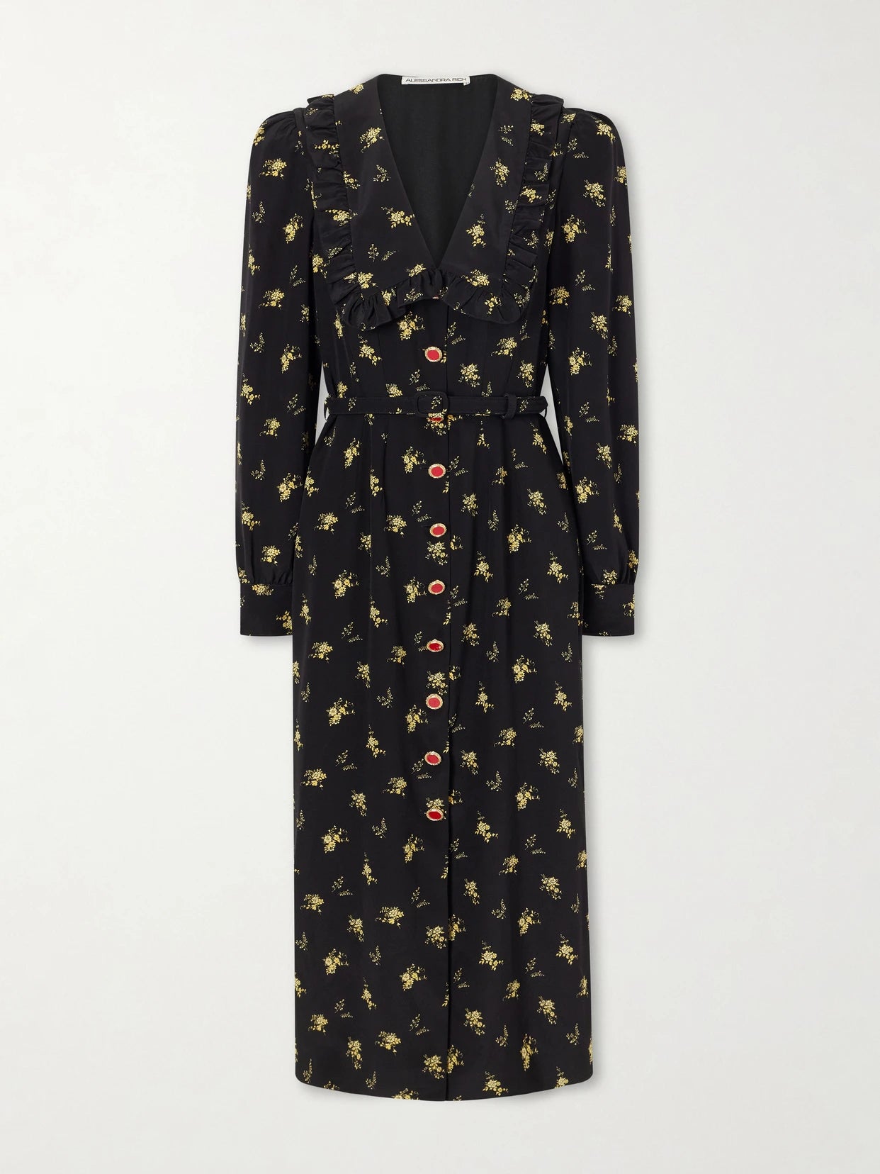 Image of Dresses. Product name - Belted Ruffled Floral-print Silk-crepe Midi Dress in Black colour by brand - Alessandra Rich