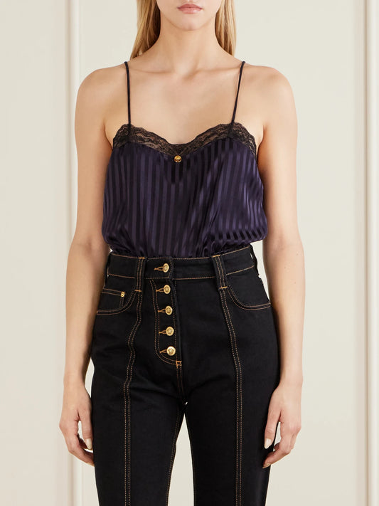 Versace Striped Lace-trimmed Silk-blend Bodysuit