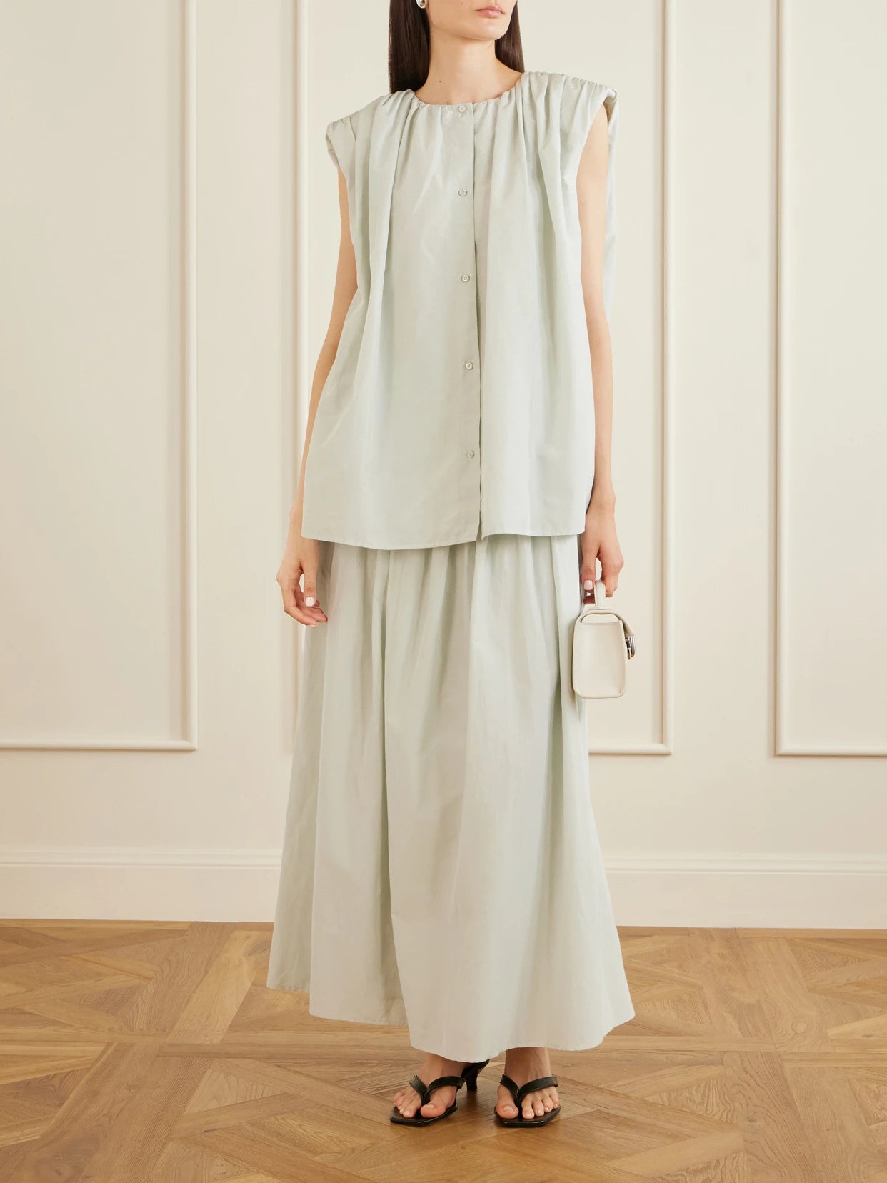 Image of Blouses. Product name - Anca Gathered Cotton And Silk-blend Blouse in Light green colour by brand - Loulou de Saison
