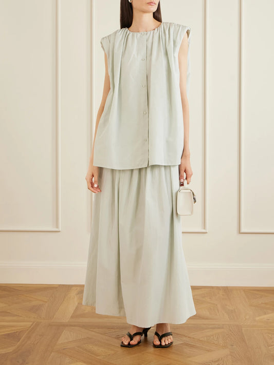 Image of Blouses. Product name - Anca Gathered Cotton And Silk-blend Blouse in Light green colour by brand - Loulou de Saison