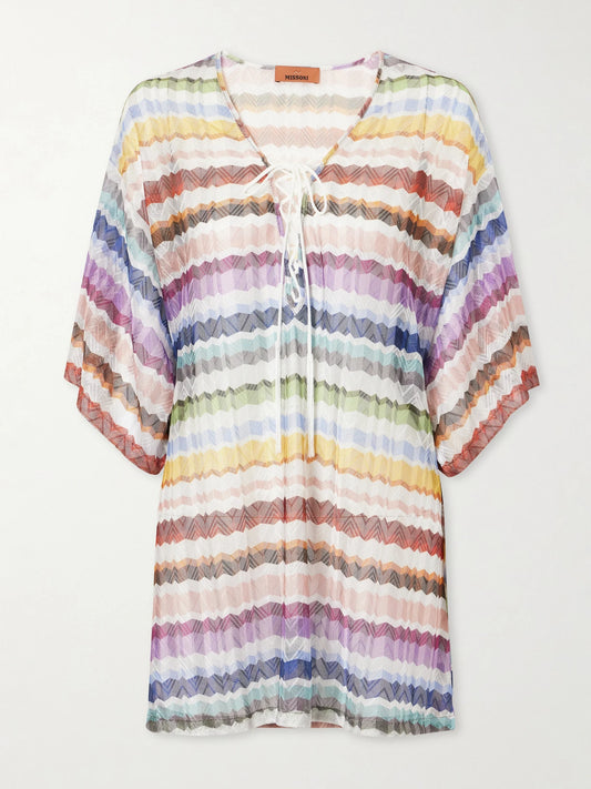 Image of Swimwear. Product name - Lace-up Striped Metallic Crochet-knit Coverup in Multi colour by brand - Missoni