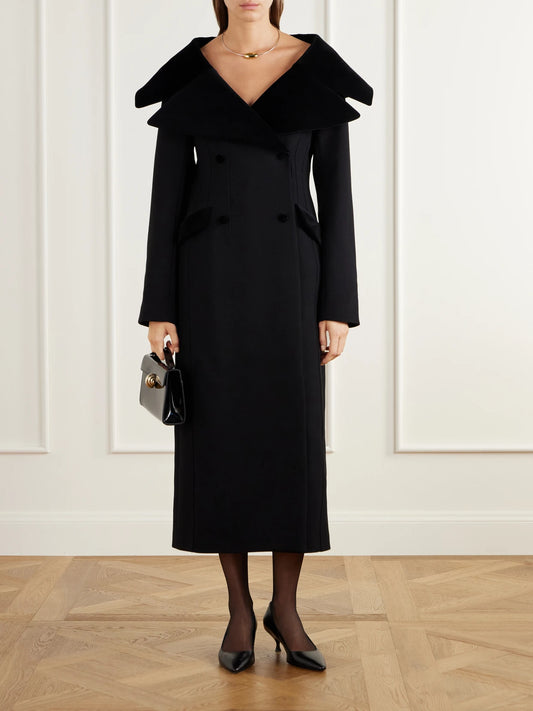 Image of Coats & Jackets. Product name - Hourglass Double-breasted Wool Velour-trimmed Coat in Black colour by brand - LIBEROWE