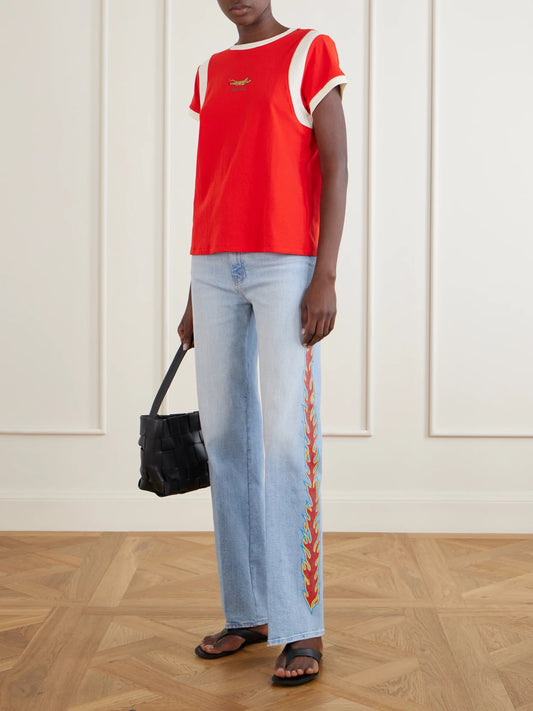 Image of Jeans. Product name - The Saloon Sneak Printed High-rise Straight-leg Jeans in Light denim colour by brand - Mother