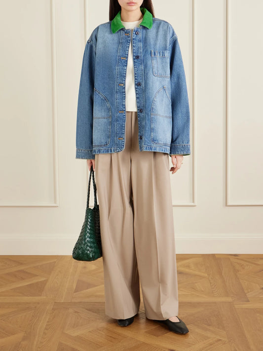 Image of Coats & Jackets. Product name - Pascual Corduroy-trimmed Denim Jacket in Blue colour by brand - DÔEN