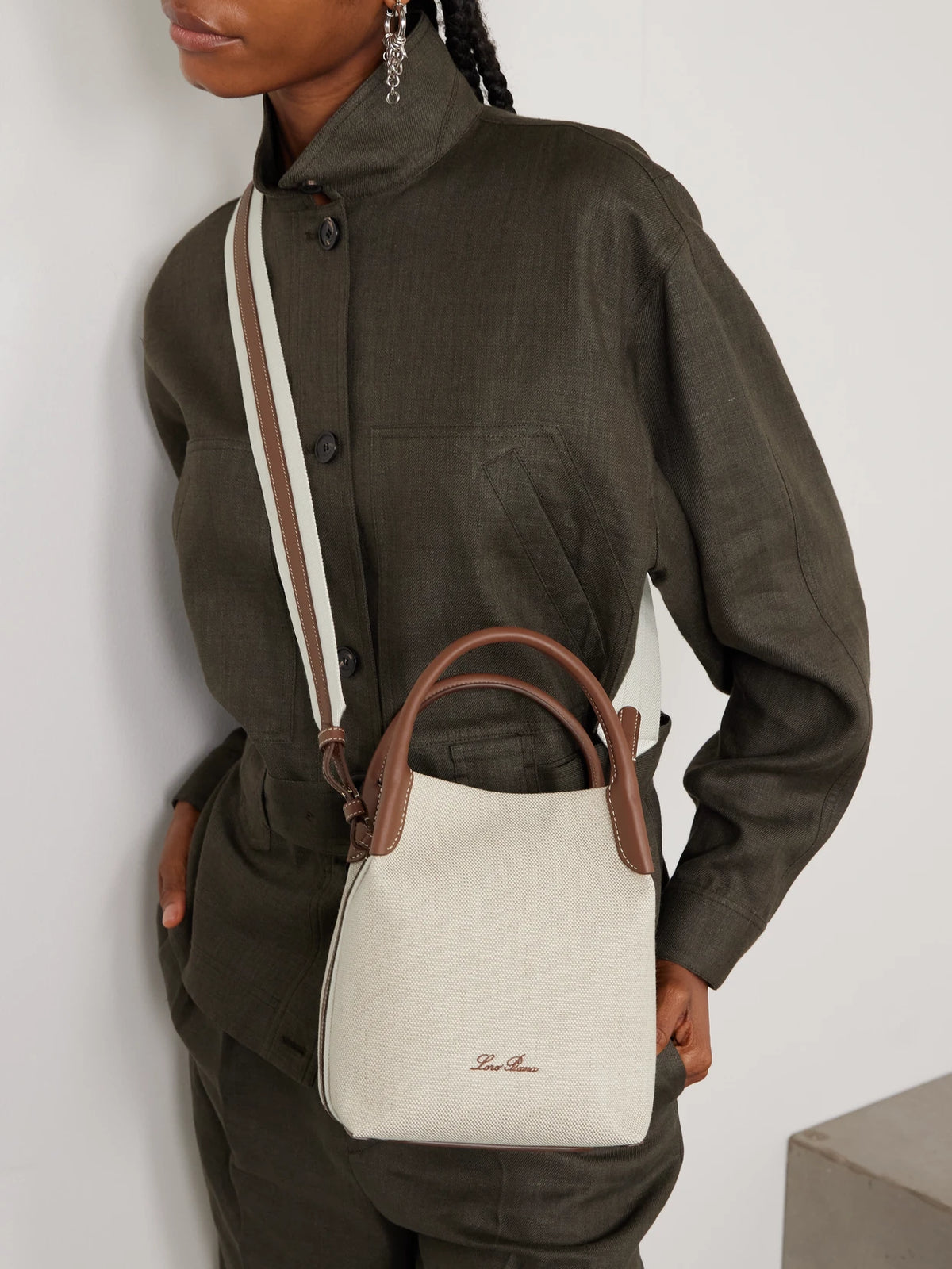 Image of Bags. Product name - Bale Textured Leather-trimmed Canvas Tote in Neutral colour by brand - Loro Piana