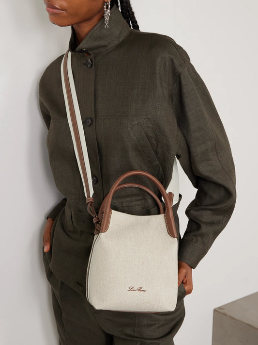 Image of Bags. Product name - Bale Textured Leather-trimmed Canvas Tote in Neutral colour by brand - Loro Piana