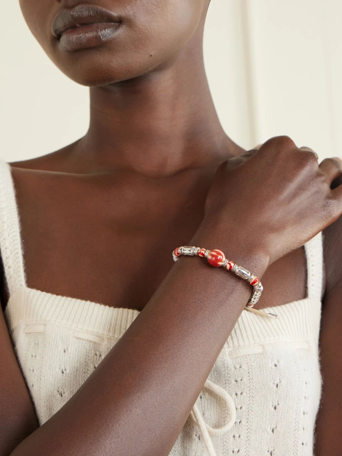 Image of Jewelry. Product name - Janis Wood, Ceramic And Leather Beaded Bracelet in Silver colour by brand - ISABEL MARANT