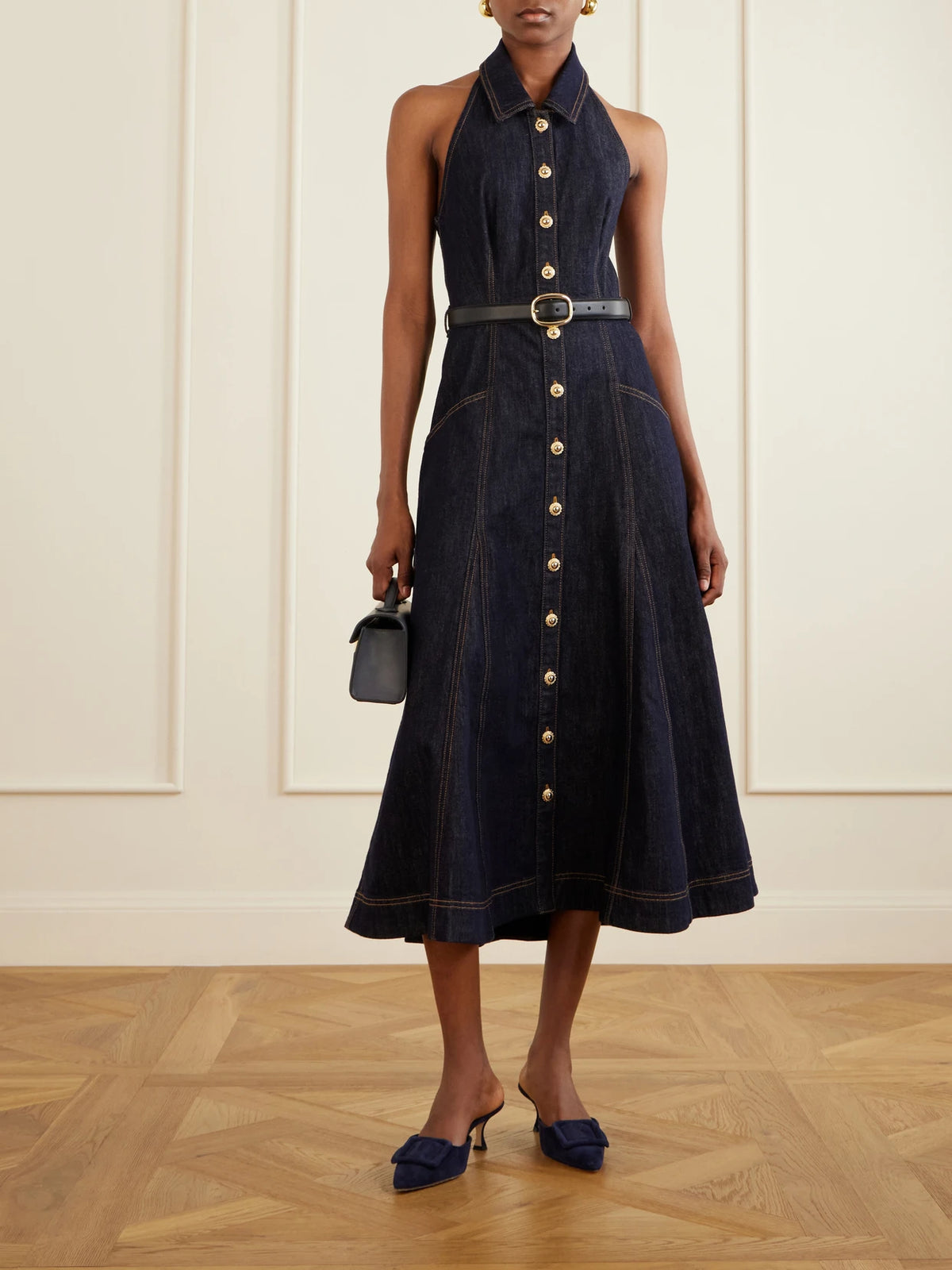 Image of Dresses. Product name - Belted Halterneck Denim Midi Dress in Blue colour by brand - Self-Portrait