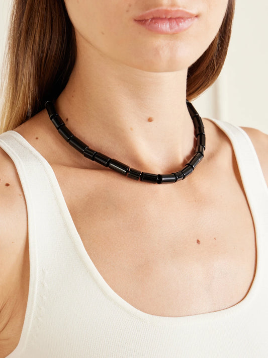 Image of Necklaces. Product name - The Sadie Sterling Silver Onyx Beaded Necklace in Black colour by brand - LIÉ STUDIO