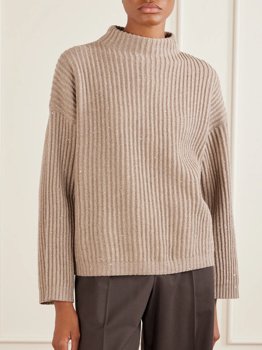Sequin-trimmed Ribbed-knit Turtleneck Sweater