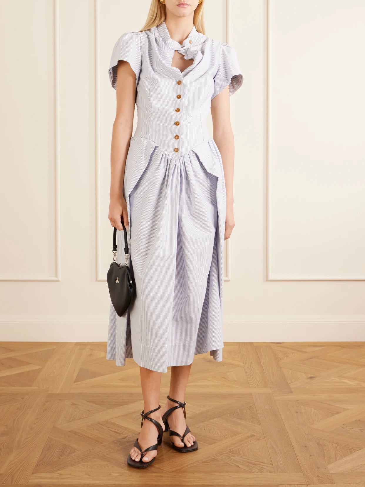 Image of Dresses. Product name - Pleated Striped Cotton Oxford Midi Dress in Off-white colour by brand - Vivienne Westwood