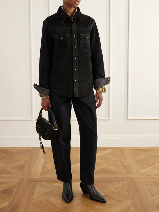 Image of Coats & Jackets. Product name - Willett Paneled Suede Jacket in Black colour by brand - RRL