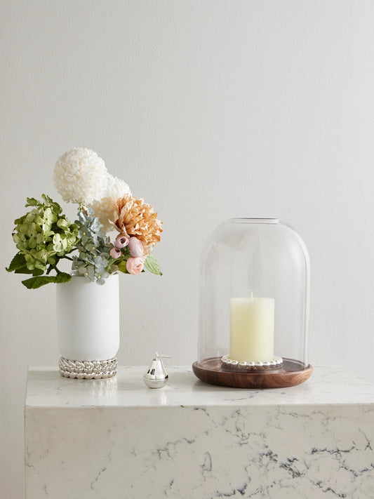 Image of Decor. Product name - Perles Large Glass, Walnut And Silver-plated Hurricane Candle Holder in Multi colour by brand - Christofle