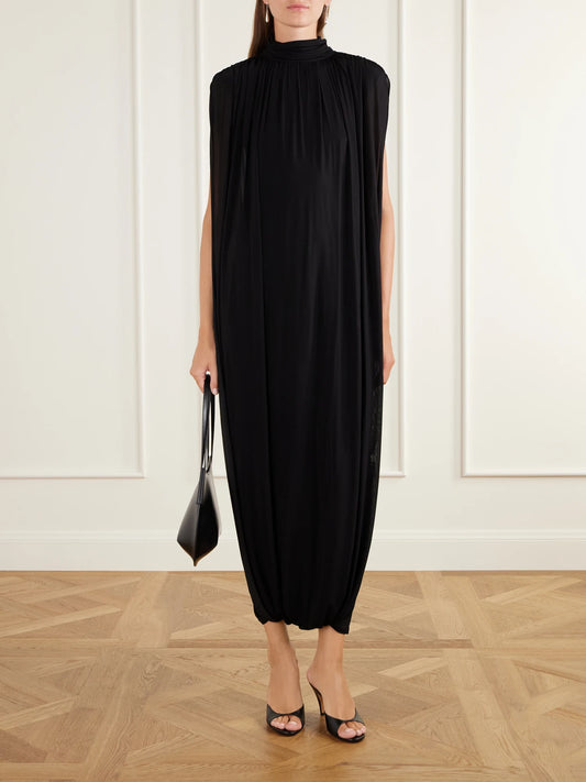 Image of Dresses. Product name - Elia Cape-effect Draped Jersey Maxi Dress in Black colour by brand - TOVE