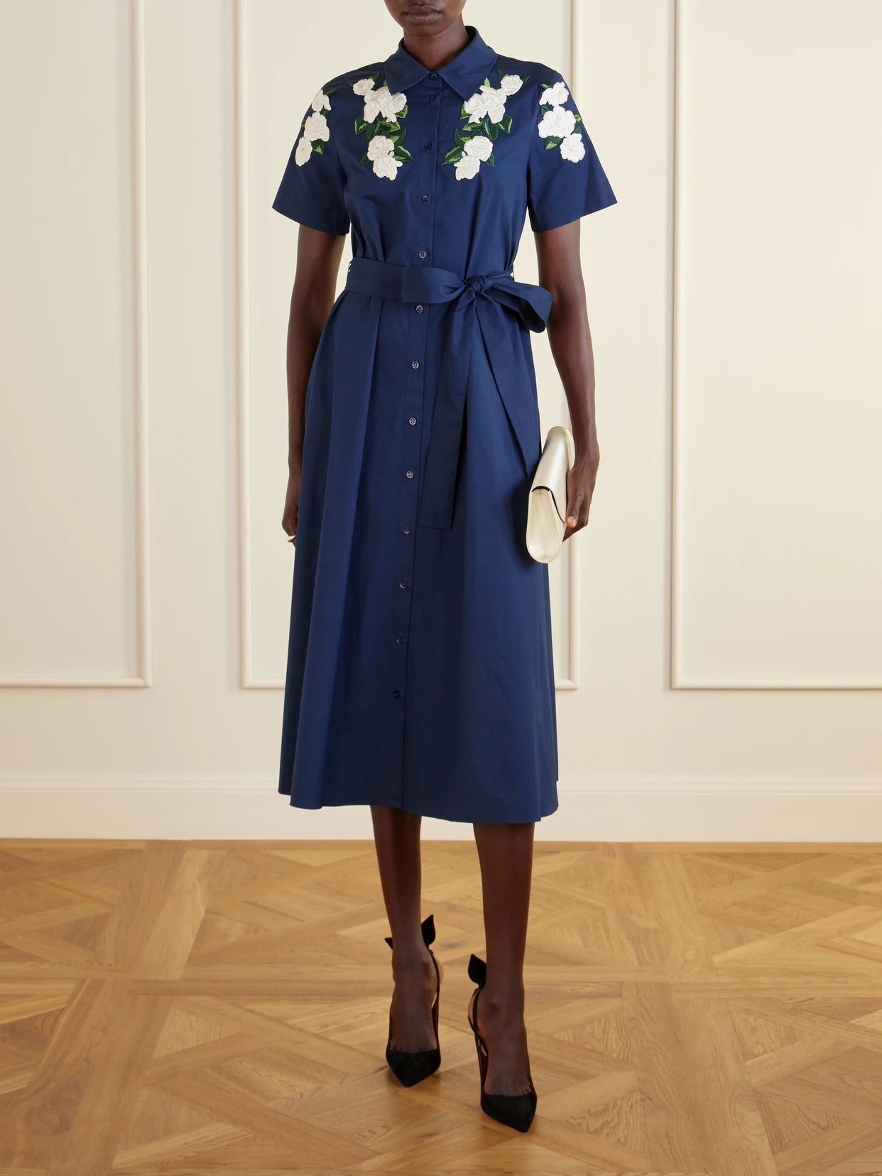 Image of Dresses. Product name - Belted Floral-embroidered Cotton-blend Midi Dress in Navy colour by brand - Carolina Herrera
