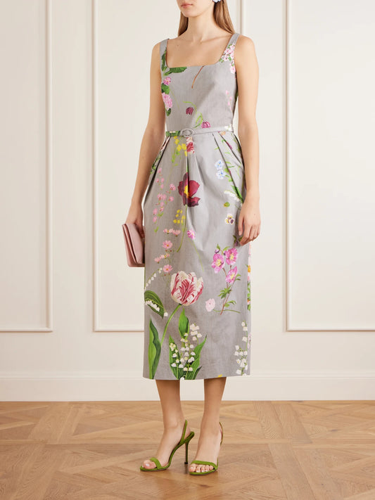 Image of Dresses. Product name - Floral-printed Stretch Cotton-poplin Midi-dress in Gray colour by brand - Oscar de la Renta