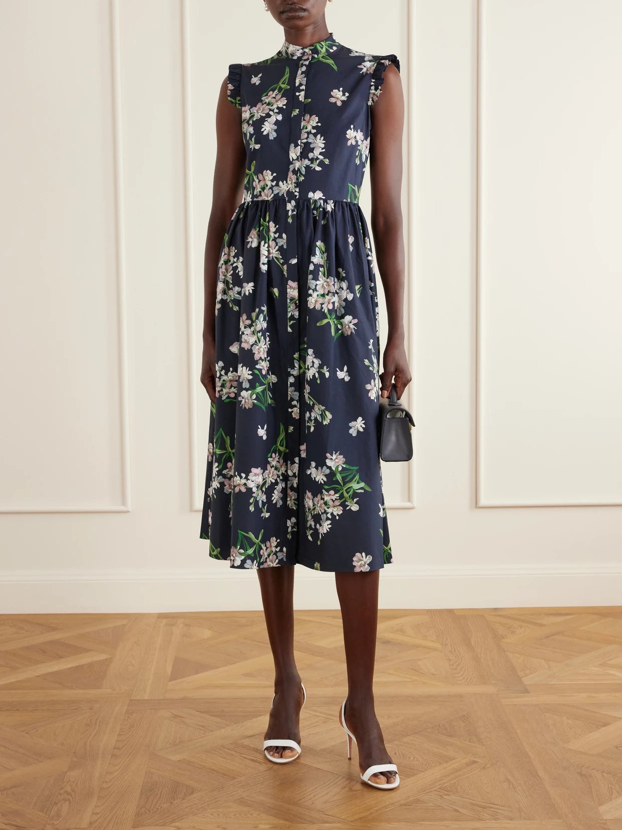 Image of Dresses. Product name - Pleated Ruffled Floral-print Cotton-poplin Midi Dress in Navy colour by brand - Erdem