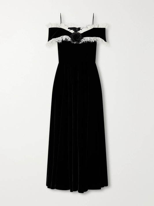 Rodarte Off-the-shoulder Lace-trimmed Velvet Midi Dress